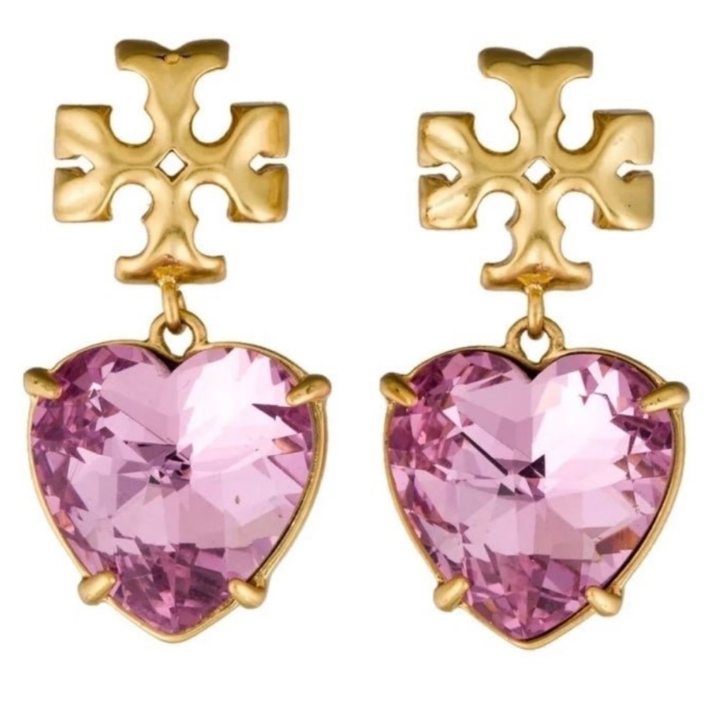 Sale last one Tory Burch Gold  Roxanne pink crystal stone Heart drop Earrings